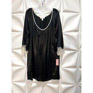 Oscar de La Renta NWT Sz XL Black Satin Scalloped Lace Night Gown Pleated NEW